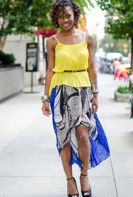 Printed/Color Block Assymetrical Skirt and Neon Top