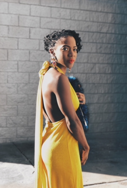 Velvet Jumpsuit + Blue Satin Heels